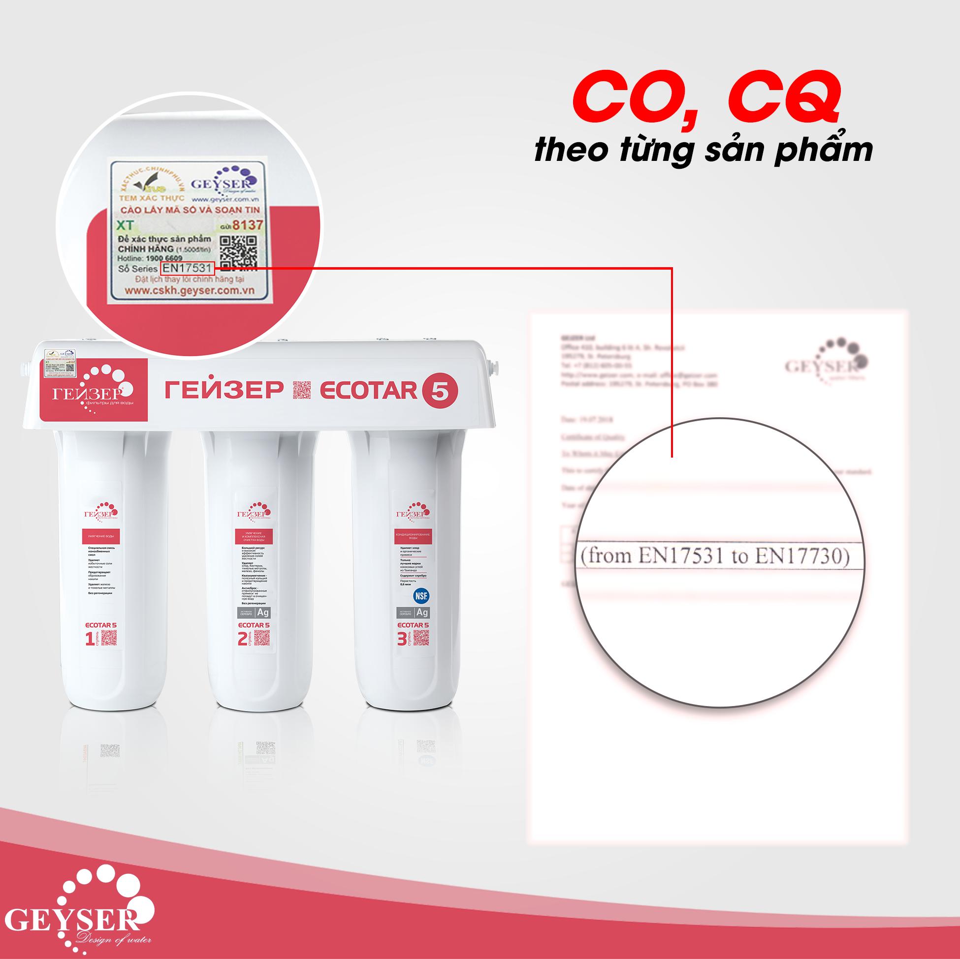 Xác thực Geyser Ecotar 5 hàng chính hãng bằng CO/CQ