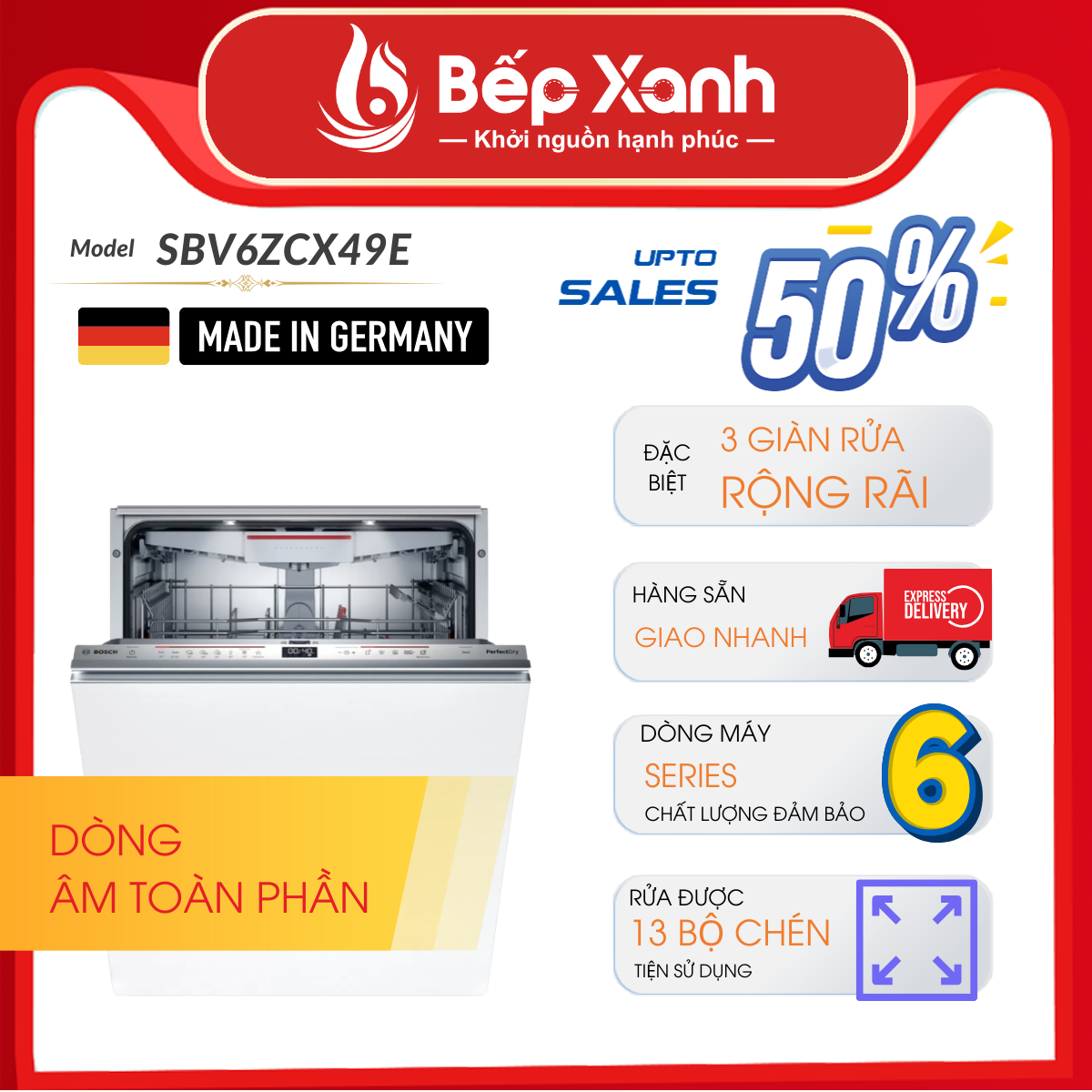 Máy Rửa Chén Âm Tủ Series 6 Bosch SBV6ZCX49E/ Nhập Khẩu Liên Bang Đức
