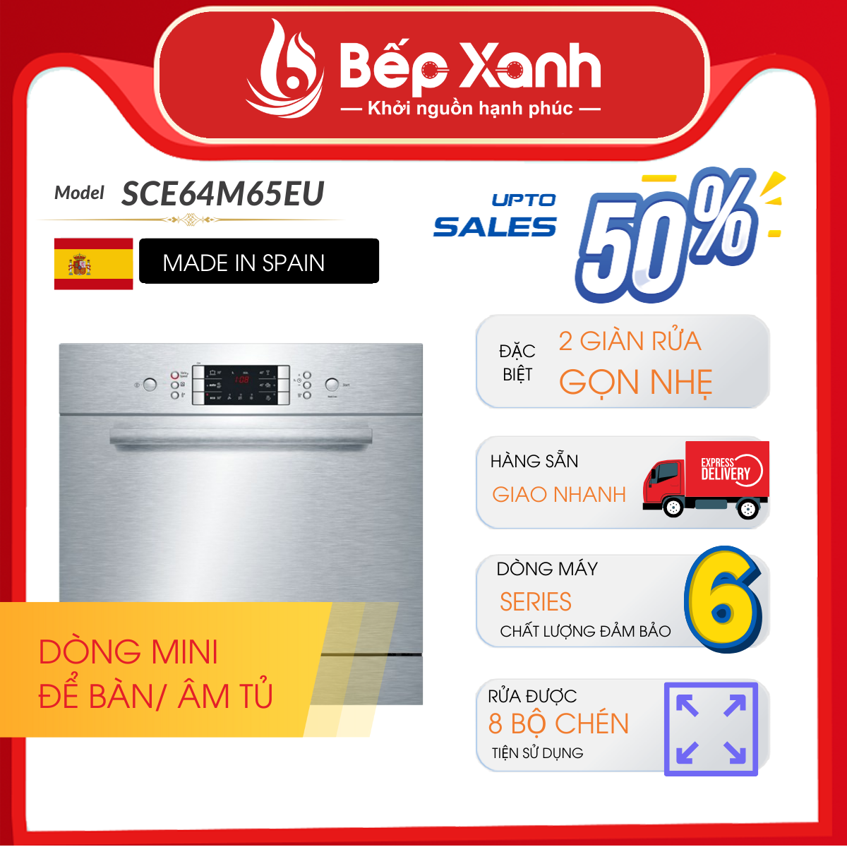 Máy Rửa Chén Âm Tủ Series 6 Bosch SCE64M65EU/ Nhập Khẩu Tây Ban Nha