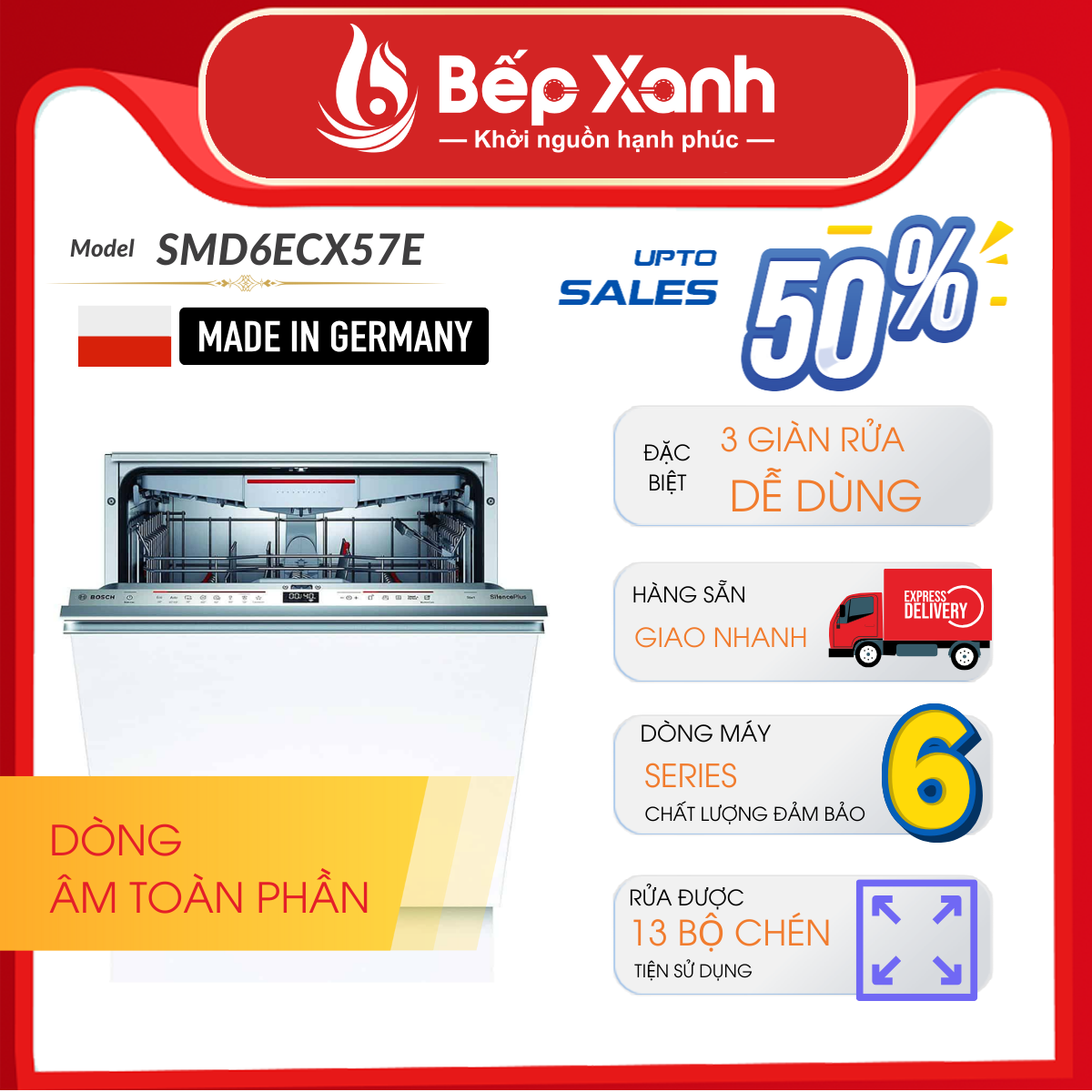 Máy Rửa Chén Âm Tủ Series 6 Bosch SMD6ECX57E/ Nhập Khẩu Liên Bang Đức