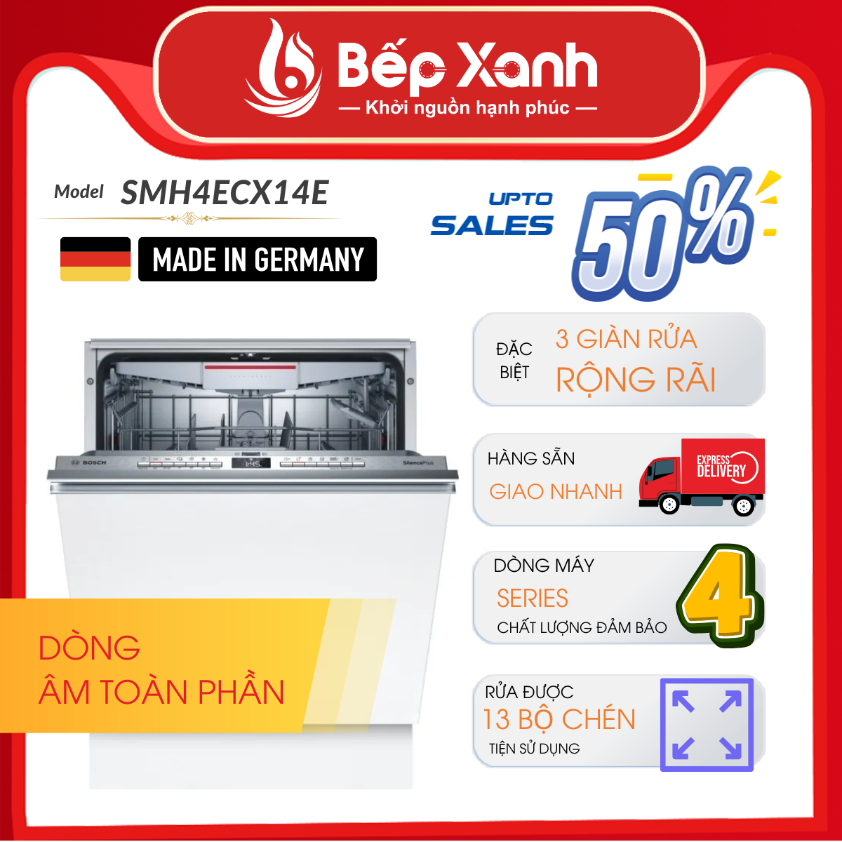 Máy Rửa Chén Âm Tủ Series 4 Bosch SMH4ECX14E/ Nhập Khẩu Liên Bang Đức