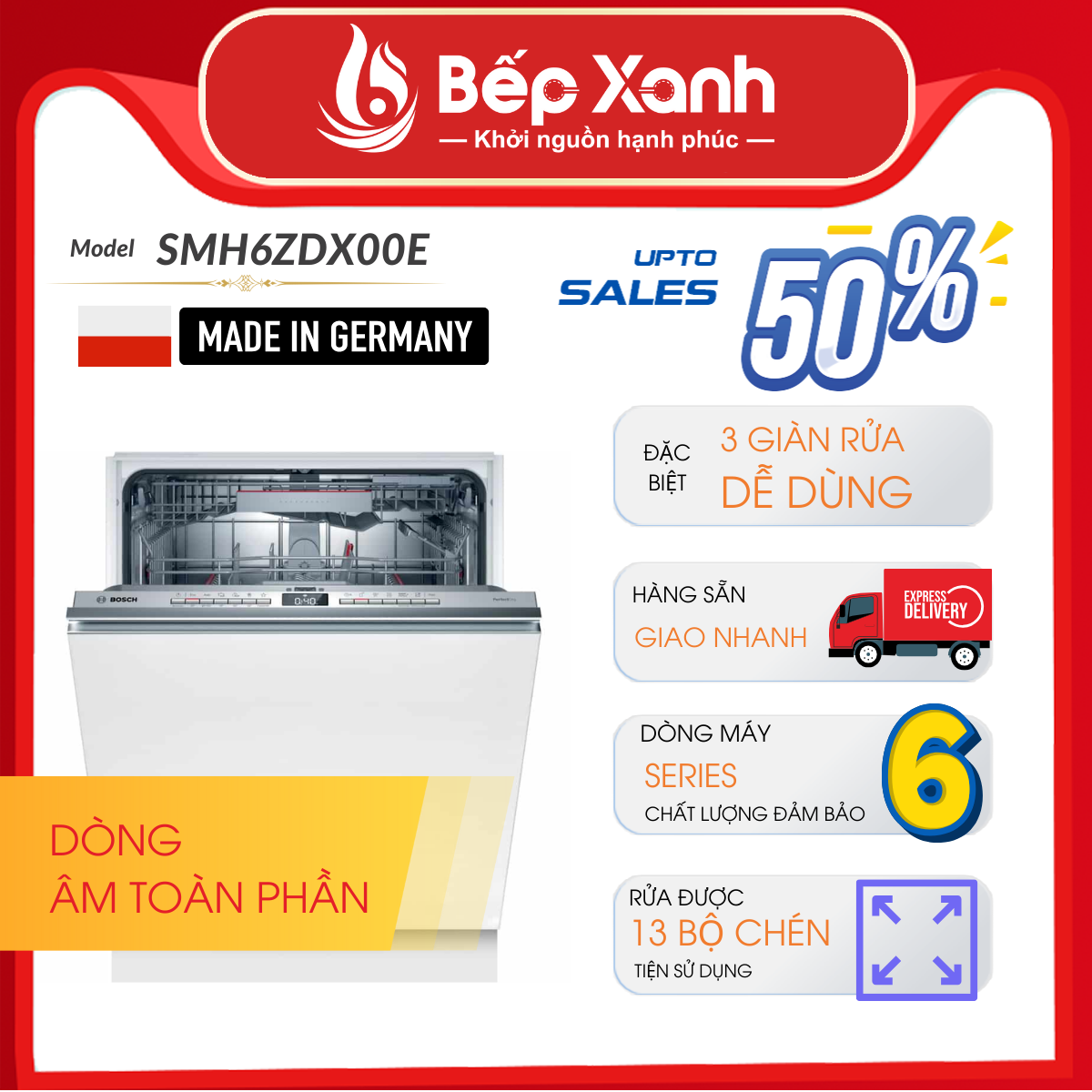 Máy Rửa Chén Âm Tủ Series 6 Bosch SMH6ZDX00E/ Nhập Khẩu Liên Bang Đức