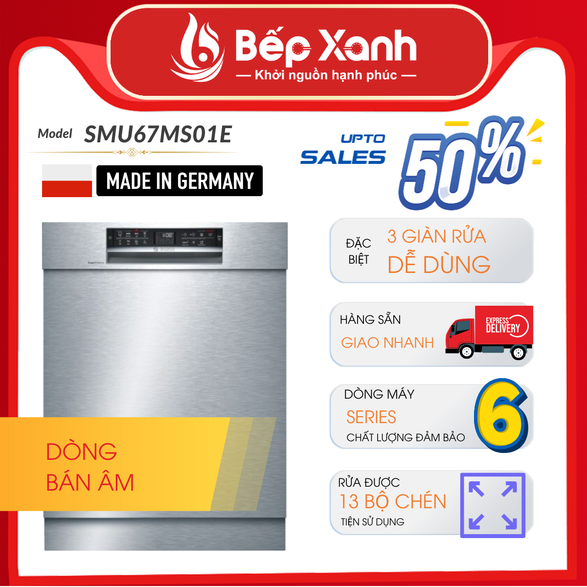 Máy Rửa Chén Âm Tủ Series 6 Bosch SMU67MS01E/ Nhập Khẩu Liên Bang Đức