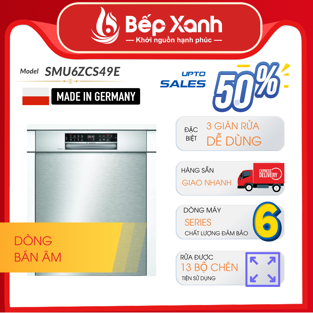 Máy Rửa Chén Âm Tủ Series 6 Bosch SMU6ZCS49E/ Nhập Khẩu Liên Bang Đức