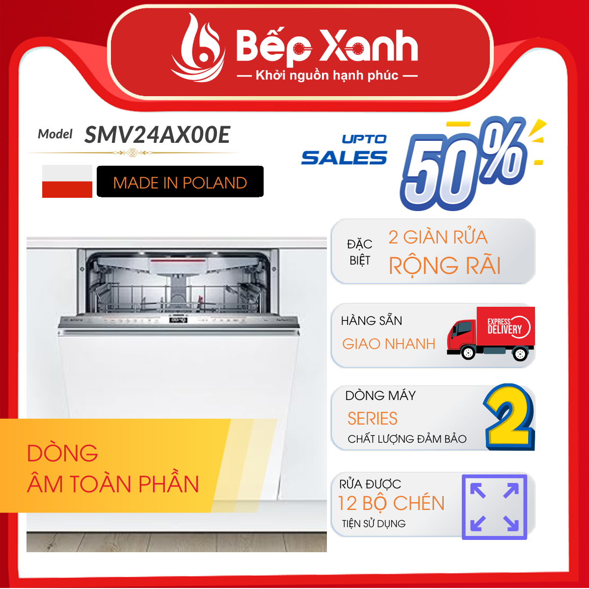 Máy Rửa Chén Âm Tủ Series 2 Bosch SMV24AX00E/ Nhập Khẩu Ba Lan