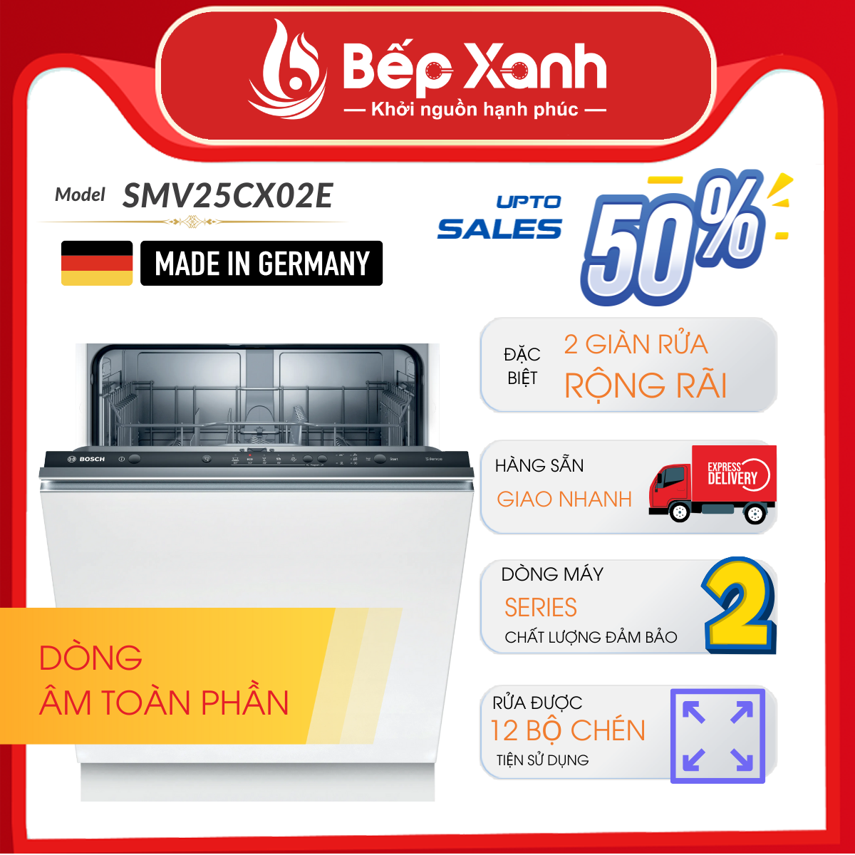Máy Rửa Chén Âm Tủ Series 2 Bosch SMV25CX02E/ Nhập Khẩu Liên Bang Đức
