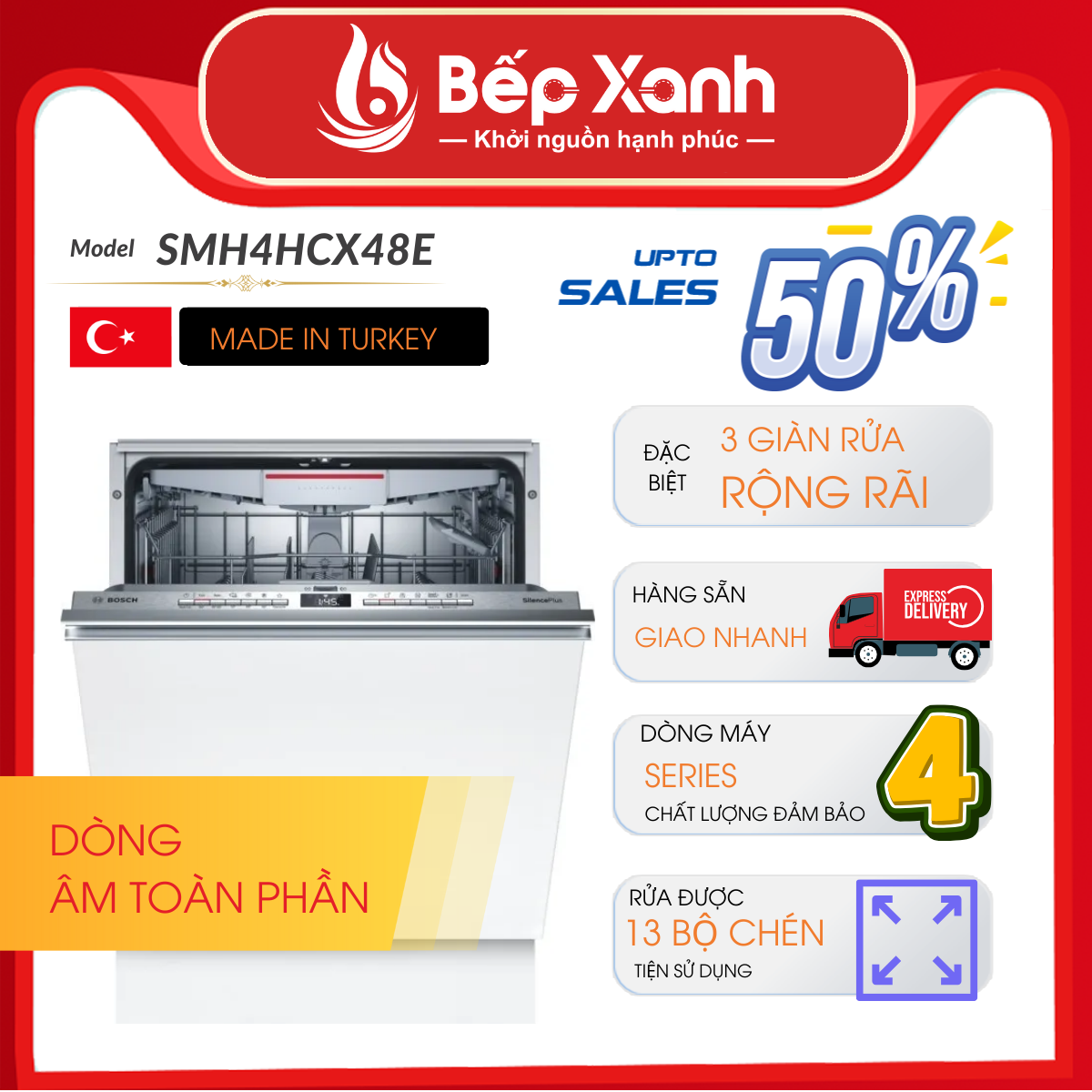 Máy Rửa Chén Âm Tủ Series 4 Bosch SMV41D10EU/ Nhập Khẩu Thổ Nhĩ Kỳ