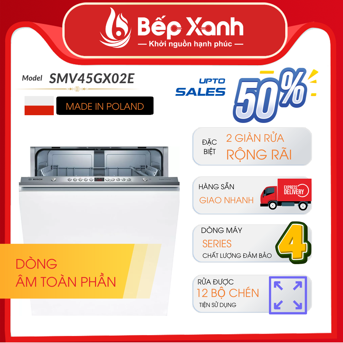 Máy Rửa Chén Âm Tủ Series 4 Bosch SMV45GX02E/ Nhập Khẩu Ba Lan