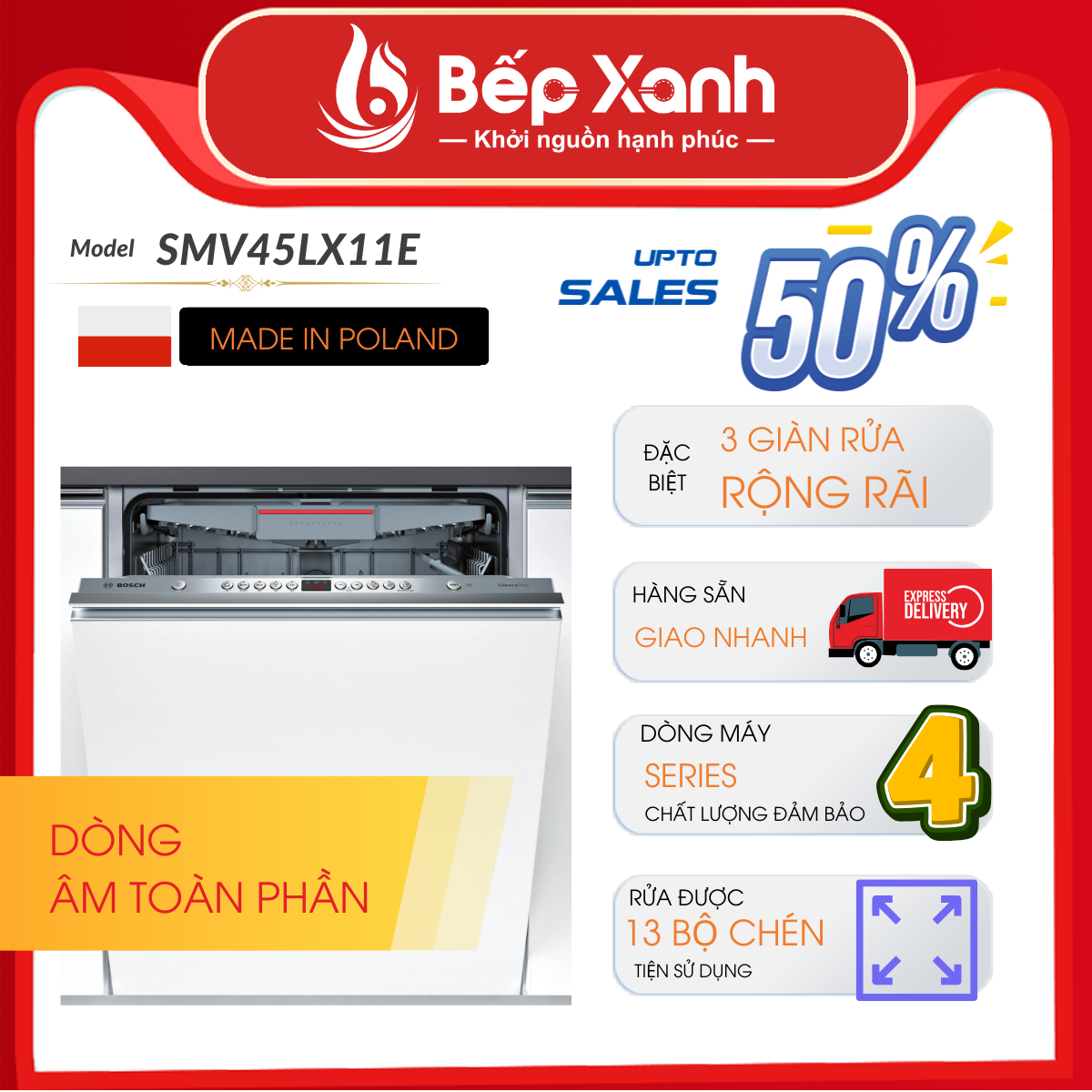 Máy Rửa Chén Âm Tủ Series 4 Bosch SMV45LX11E/ Nhập Khẩu Ba Lan