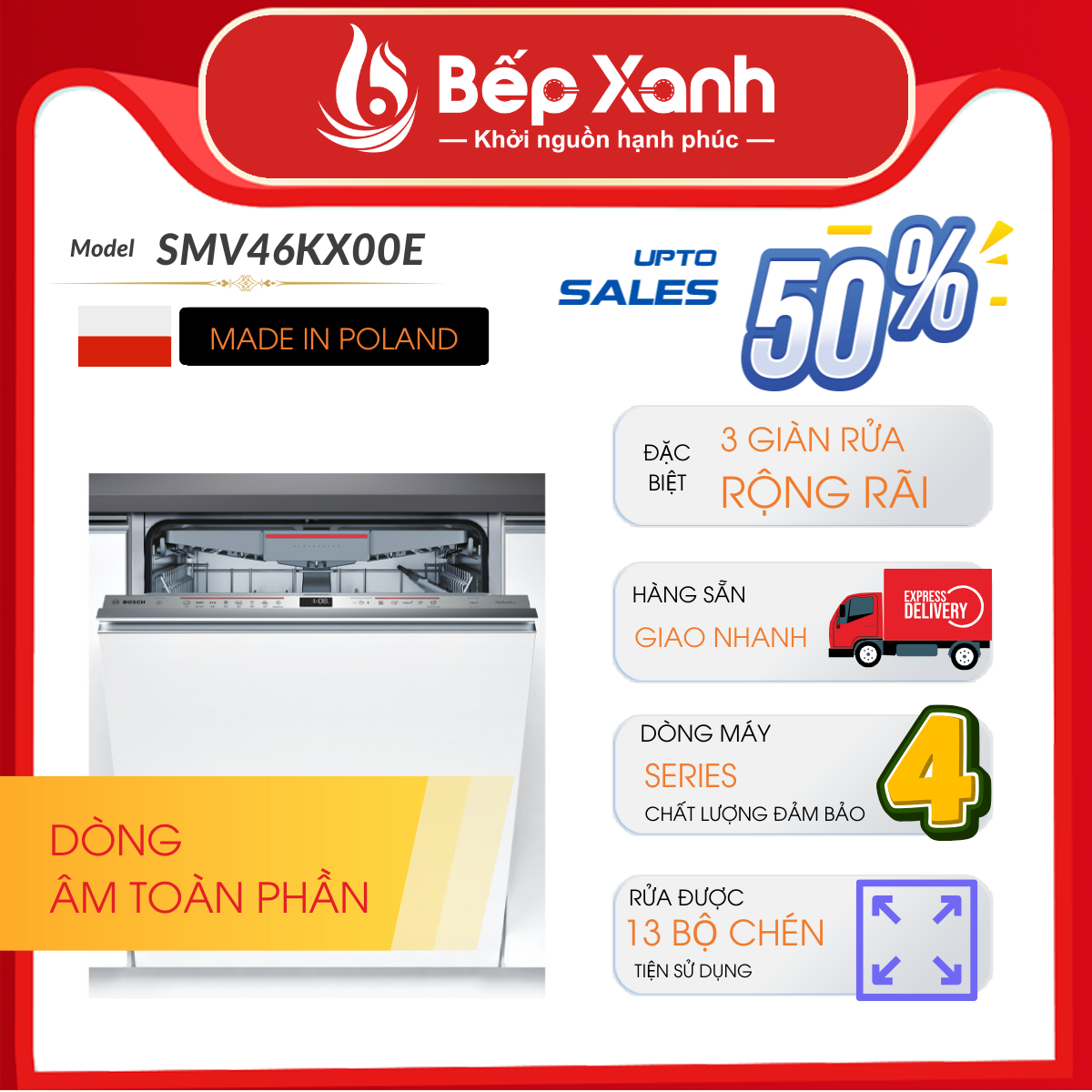 Máy Rửa Chén Âm Tủ Series 4 Bosch SMV46KX00E/ Nhập Khẩu Ba Lan