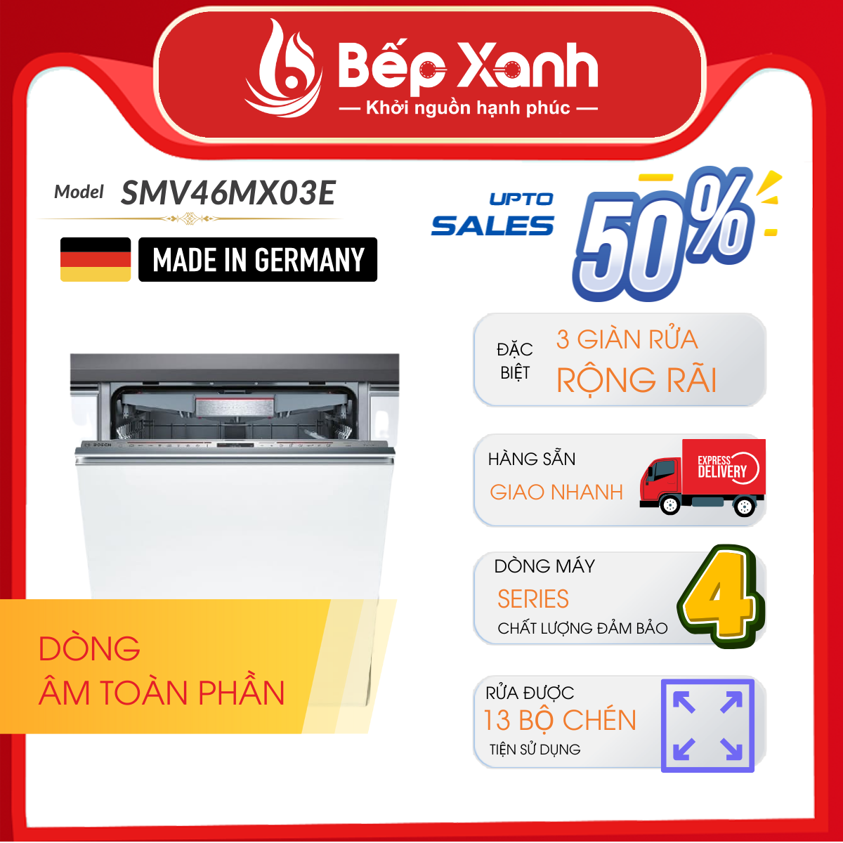 Máy Rửa Chén Âm Tủ Series 4 Bosch SMV46MX03E/ Nhập Khẩu Liên Bang Đức