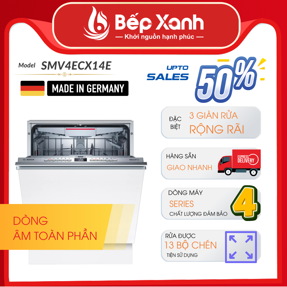 Máy Rửa Chén Âm Tủ Series 4 Bosch SMV4ECX14E/ Nhập Khẩu Liên Bang Đức