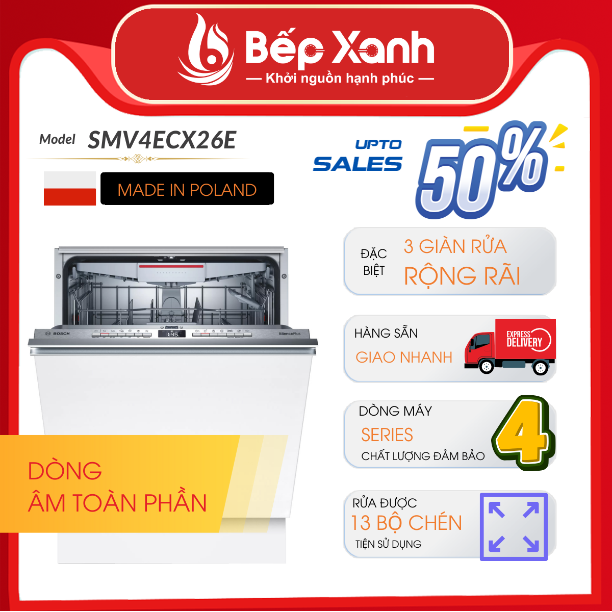 Máy Rửa Chén Âm Tủ Series 4 Bosch SMV4ECX26E/ Nhập Khẩu Liên Bang Đức