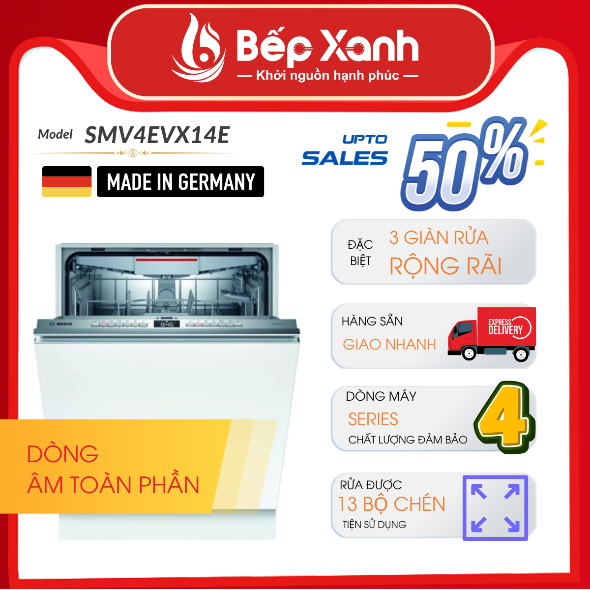 Máy Rửa Chén Âm Tủ Series 4 Bosch SMV4EVX14E/ Nhập Khẩu Liên Bang Đức