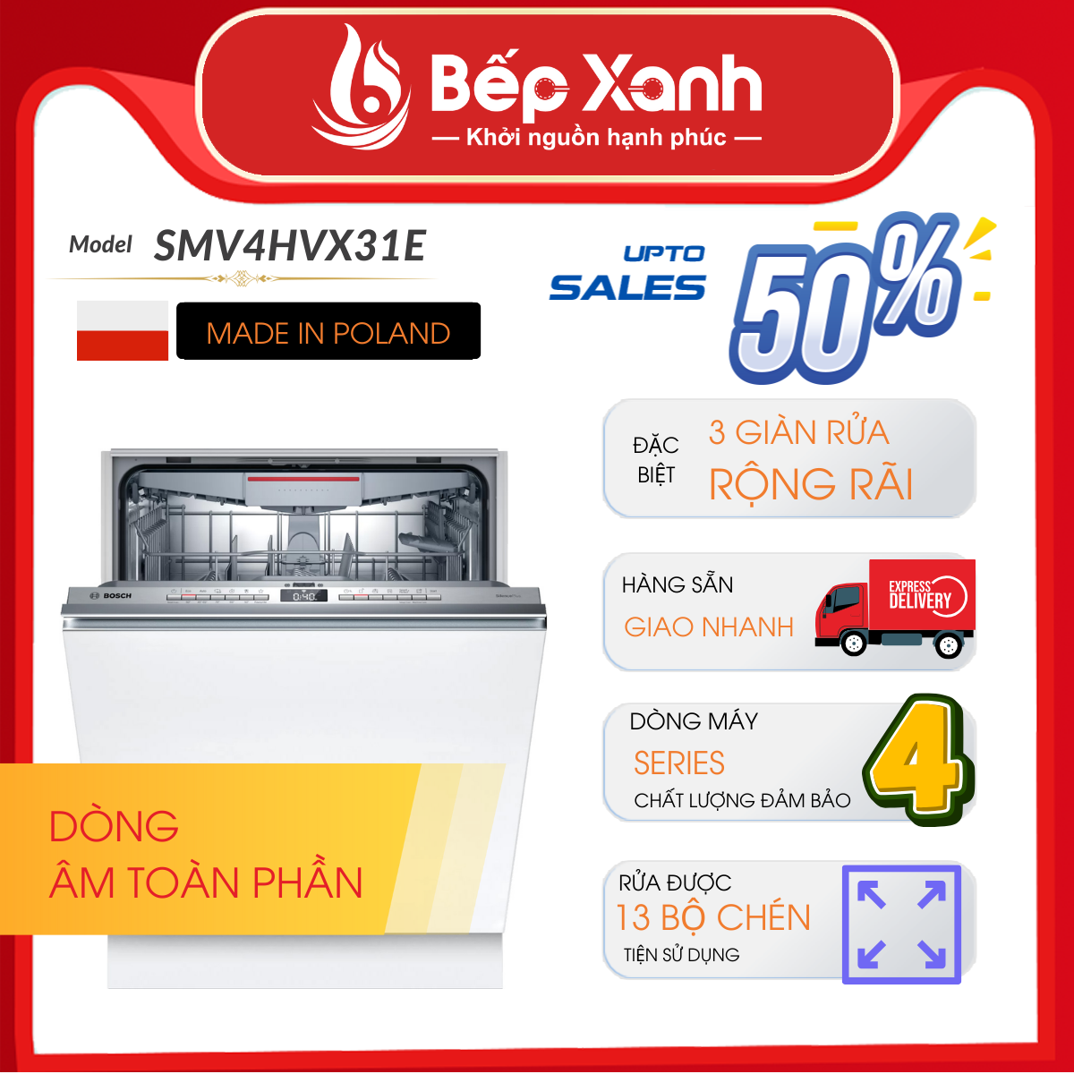 Máy Rửa Chén Âm Tủ Series 4 Bosch SMV4HVX31E/ Nhập Khẩu Ba Lan