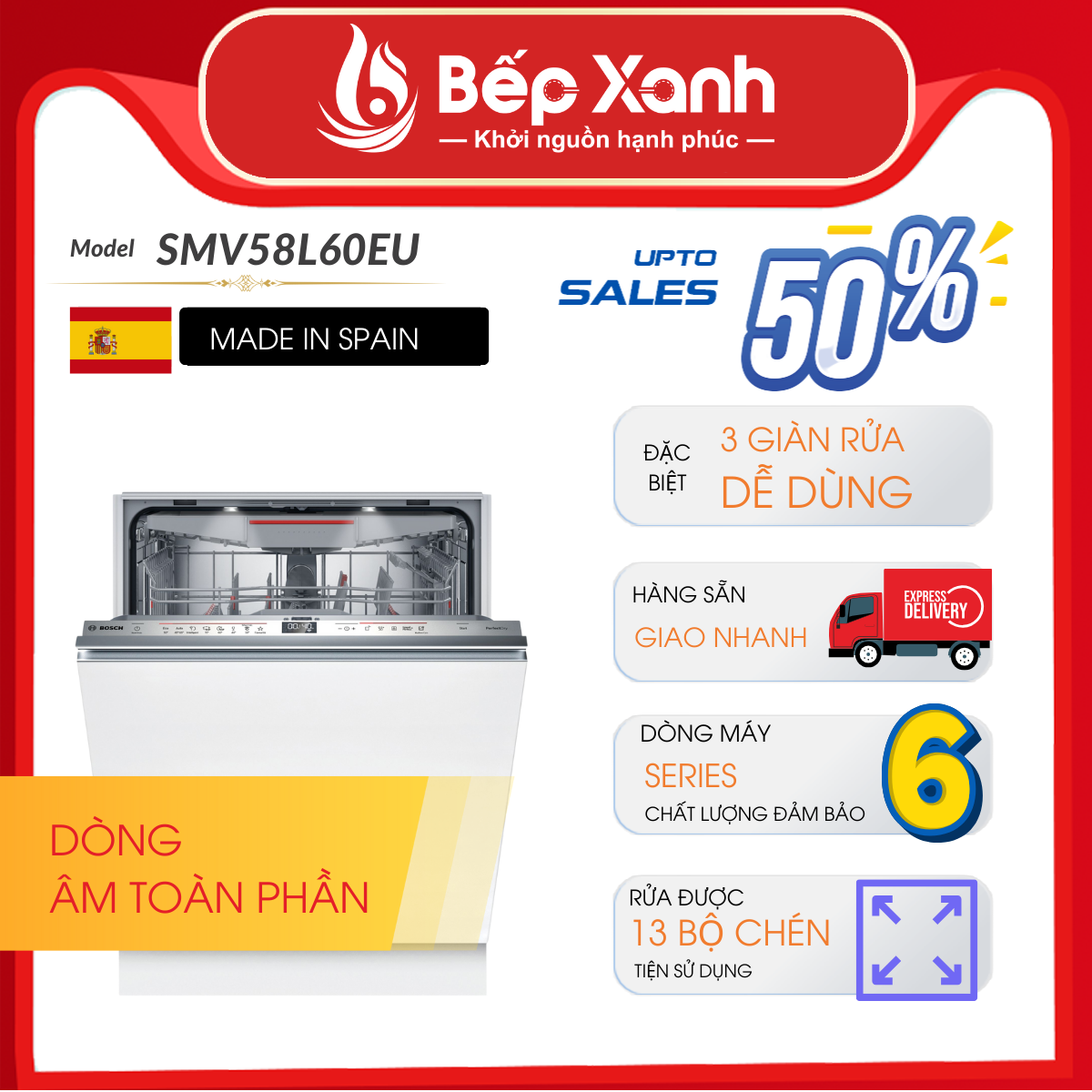 Máy Rửa Chén Âm Tủ Series 6 Bosch SMV58L60EU/ Nhập Khẩu Ba Lan