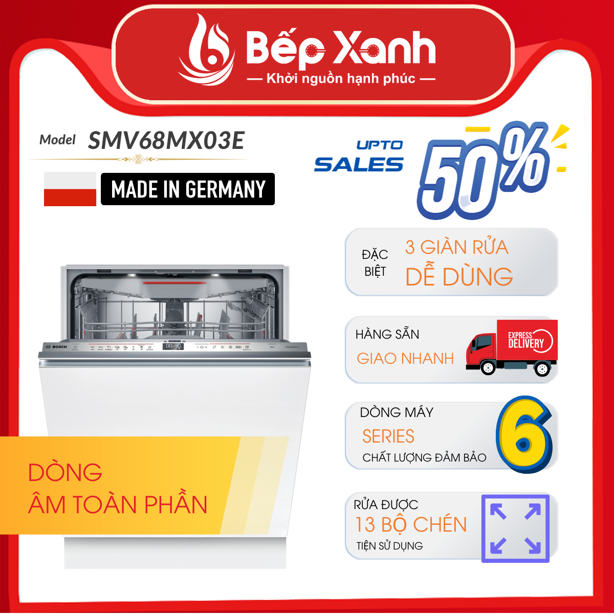 Máy Rửa Chén Âm Tủ Series 6 Bosch SMV68MX03E/ Nhập Khẩu Liên Bang Đức