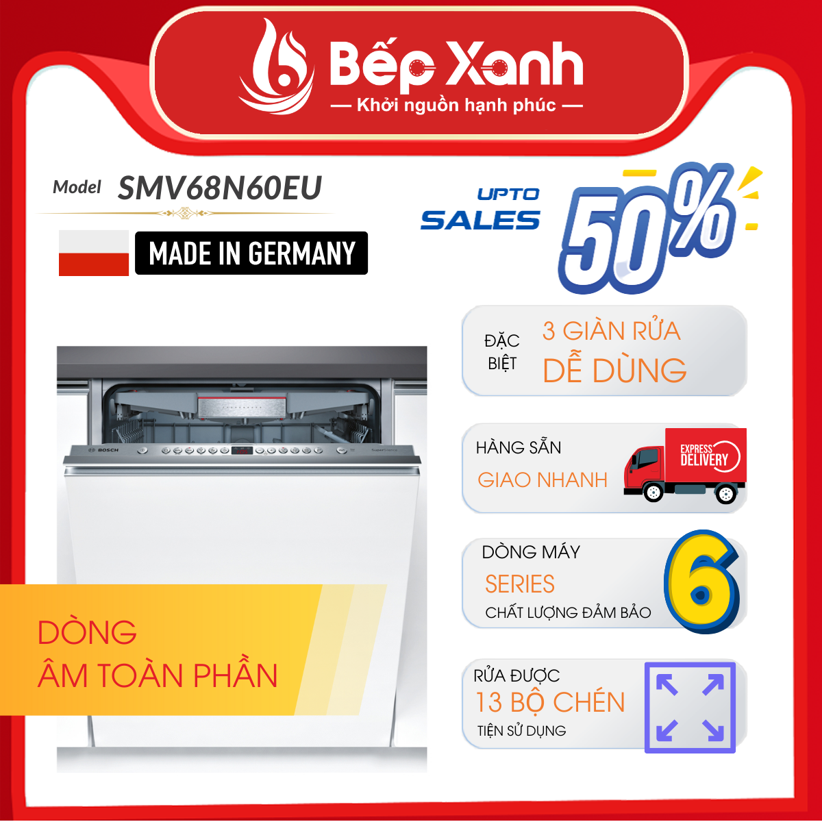 Máy Rửa Chén Âm Tủ Series 6 Bosch SMV68N60EU/ Nhập Khẩu Liên Bang Đức