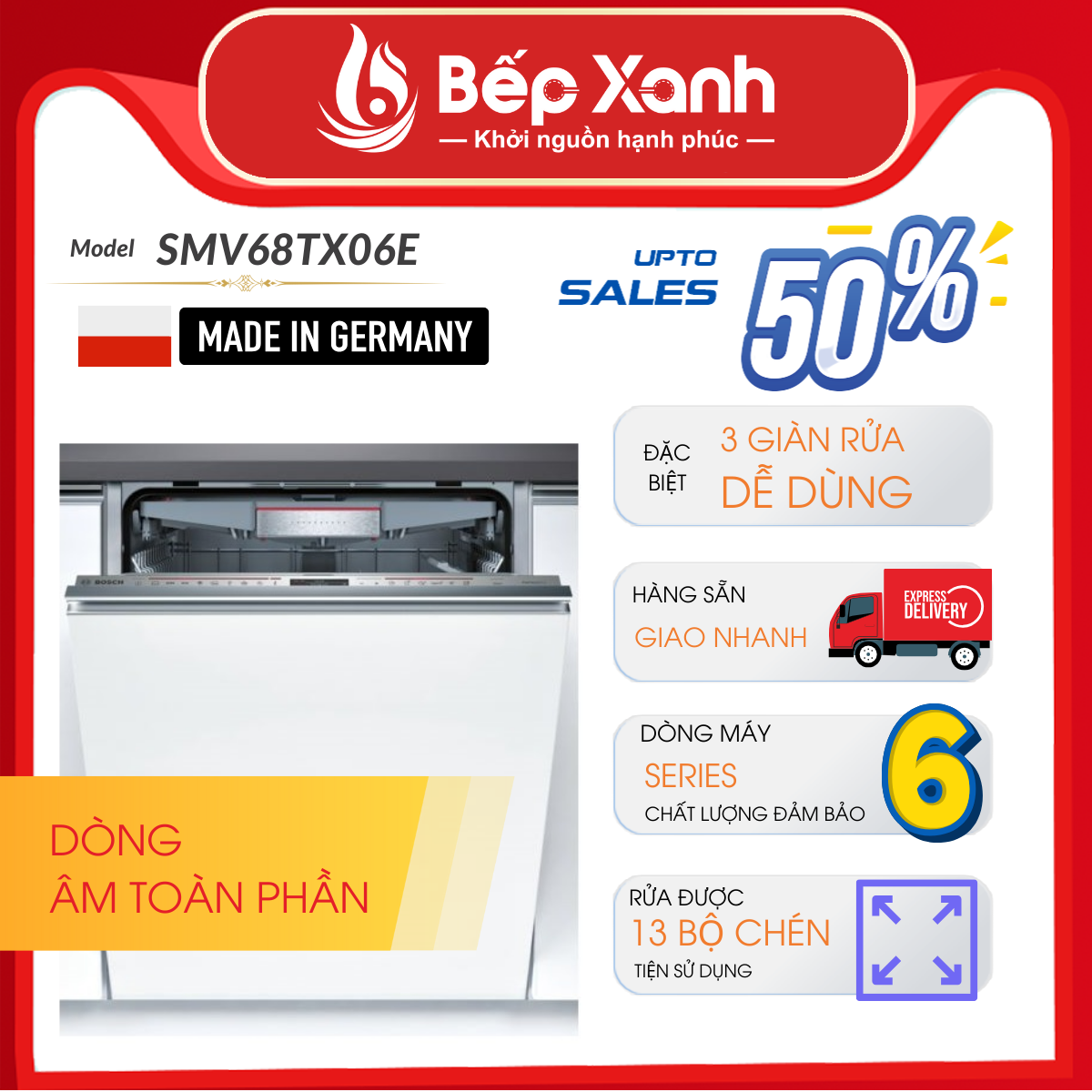 Máy Rửa Chén Âm Tủ Series 6 Bosch SMV68TX06E/ Nhập Khẩu Liên Bang Đức