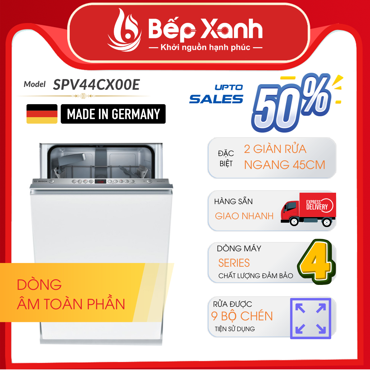 Máy Rửa Chén Âm Tủ Series 4 Bosch SPV44CX00E/ Nhập Khẩu Liên Bang Đức