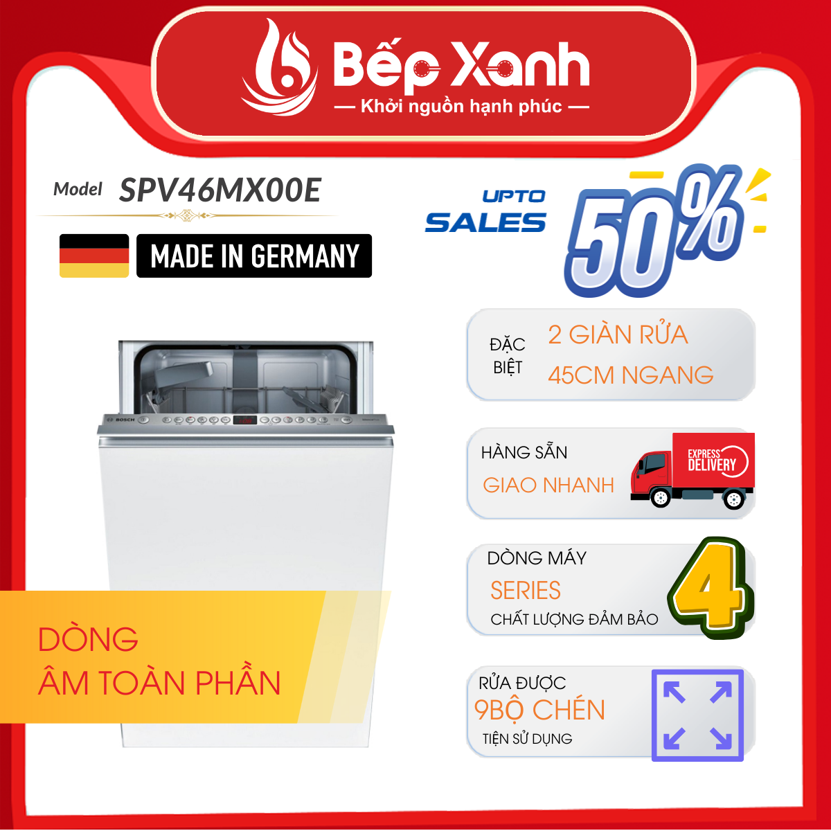 Máy Rửa Chén Âm Tủ Series 4 Bosch SRV4XMX16E/ Nhập Khẩu Ba Lan